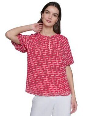 KARL LAGERFELD PARIS Womens Chiffon Pleated Front Blouse/Shirt Teaberry XS NWT